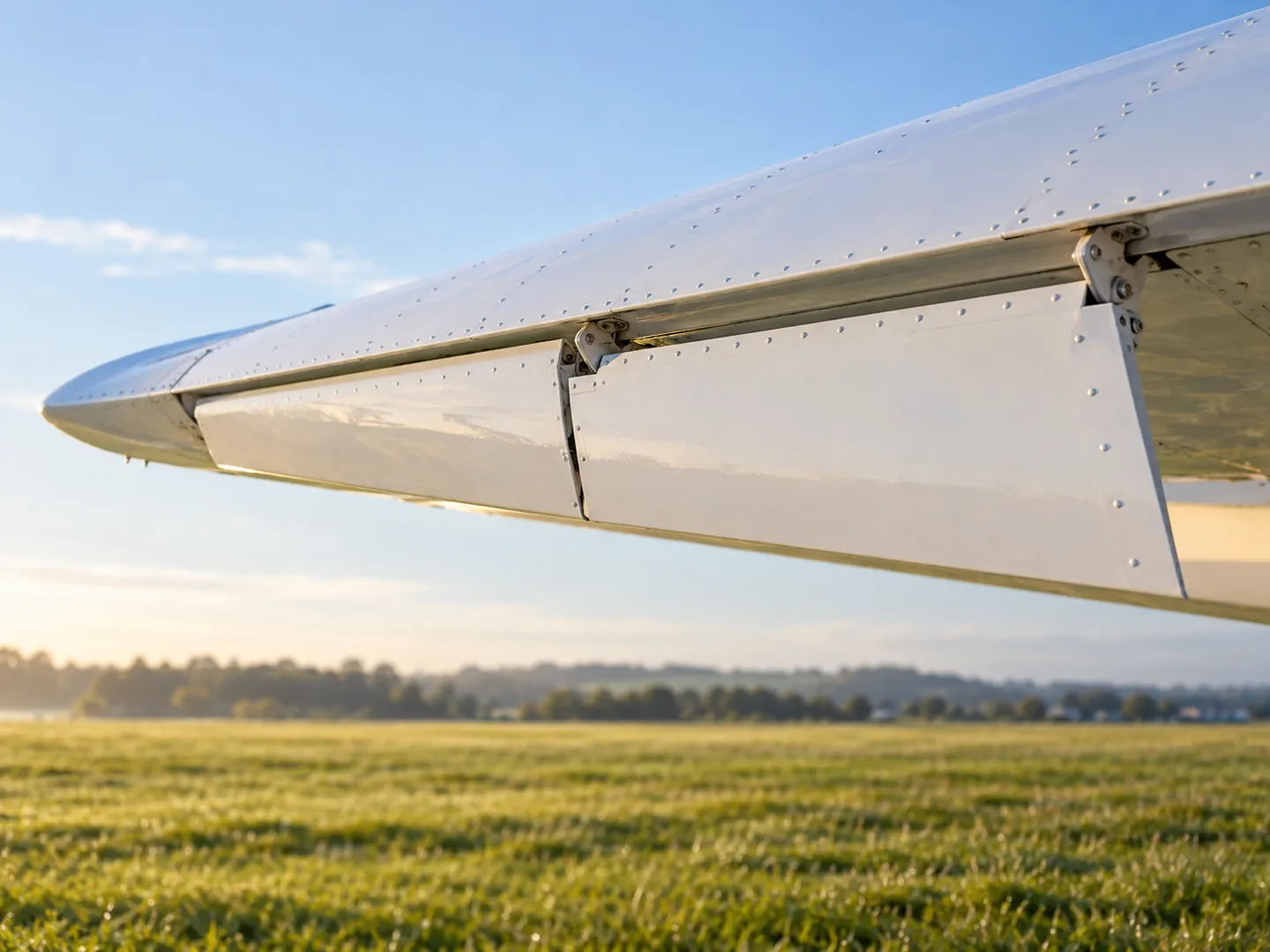 Close-up of the trailing edge of a white aircraft wing, showing its hinged control surfaces against a morning sky