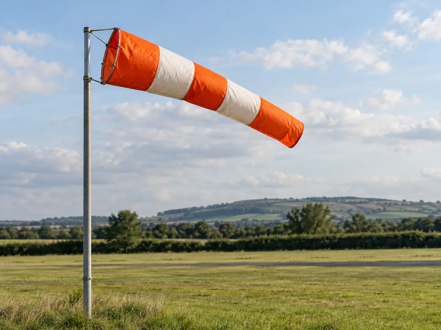 An orange and white striped windsock filled by a steady breeze at the edge of a grass airfield