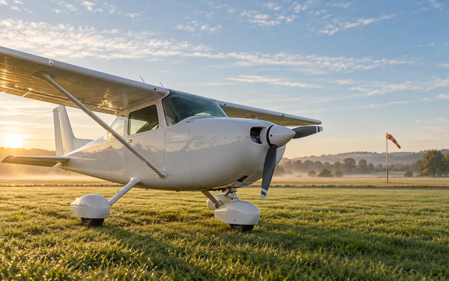 A small white high-wing light aircraft parked on a dewy grass airfield at sunrise, with a windsock in the distance